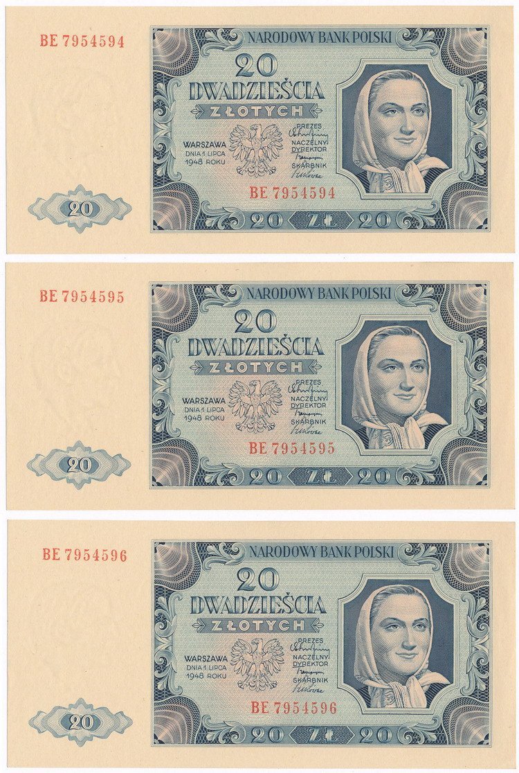Banknoty. 20 złotych 1948 seria BE lot 3 sztuk